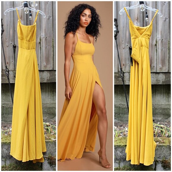 New w/Tags - Lulu’s Dreamy Romance Backless Maxi Dress in Mustard, size XL - Picture 4 of 13